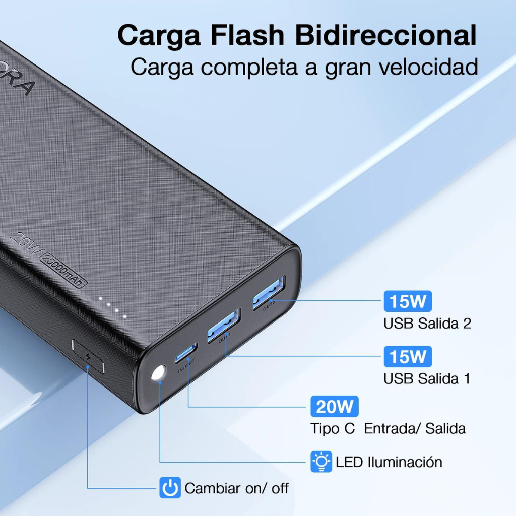 Power Bank Batería Portátil 20000mah Pd 20w Carga Rápida con Linterna.