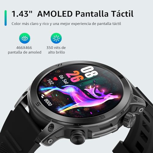 Smartwatch 1.43" FreshFun AMOLED con Llamada Bluetooth, Reloj Inteligente Hombre Impermeable IP67, Monitor de Frecuencia Cardíaca/Oxígeno en Sangre/Sueño, 100+ Modos Deportivos para Android/iOS, Negro