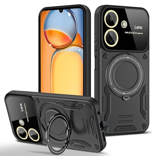 Funda Xiaomi Poco C65 y Redmi 13c Case Uso Rudo Protector Lente Cámara Soporte Giratorio Magnético Carcasa,para Mi Xiaomi Poco C65 y Redmi 13c Funda(Negro)