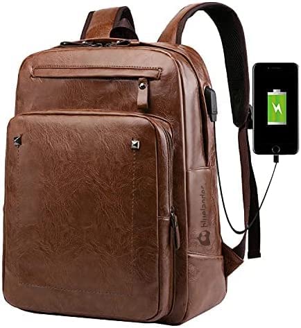 Bluelander Mochila Antirrobo para Laptop Impermeable de Cuero Sintético con Carga USB para Power Bank (no incluida), Múltiples Bolsillos, Tirantes Acolchados, Excelente para Viajes y Oficina (Café)