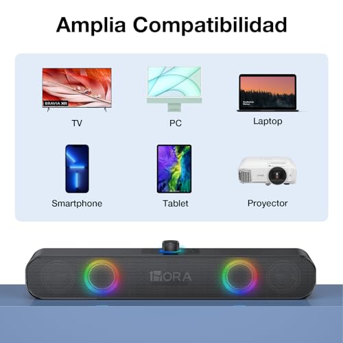 1 Hora Bocina Bluetooth, Barra de Sonido Soundbar para PC TV, RGB Altavoces Inalámbricos Bluetooth 5.1 con 2000mAh Batería, Soporte 3.5 mm AUX/TF/USB/Bluetooth para Interior, Hogar y Fiesta