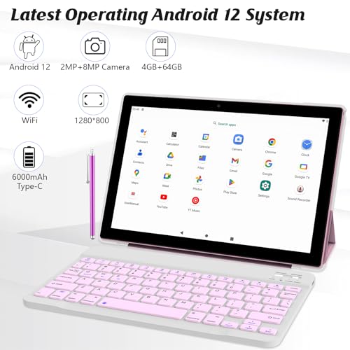 Tablet con teclado 2 en 1, Android 11, 10.1 pulgadas FHD, con teclado/mouse/funda/lápiz capacitivo/película templada, 64 GB+2 GB, Wi-Fi, cámara dual 8 MP,batería 6,000 mAh, rosa