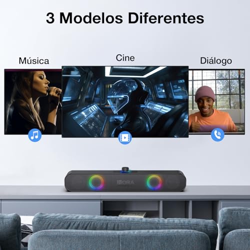 1 Hora Bocina Bluetooth, Barra de Sonido Soundbar para PC TV, RGB Altavoces Inalámbricos Bluetooth 5.1 con 2000mAh Batería, Soporte 3.5 mm AUX/TF/USB/Bluetooth para Interior, Hogar y Fiesta