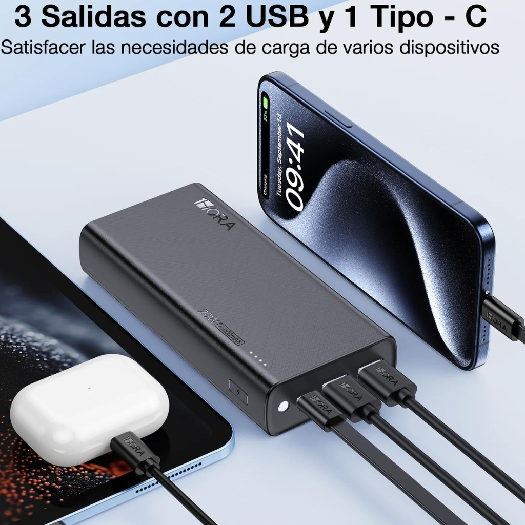 Power Bank Batería Portátil 20000mah Pd 20w Carga Rápida con Linterna.