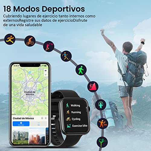 Smartwatch, 1,85" Reloj Inteligente con Llamadas Bluetooth IP67 Impermeable Reloj Deportivo Pulsómetro Monitor de Oxígeno Sueño, Podómetro, Pulsera Actividad para Android iOS (2 Correas) - Negro