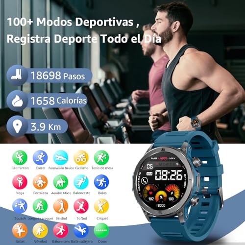 Smartwatch 1.43" AMOLED con Llamada Bluetooth, Reloj Inteligente Hombre Impermeable IP67, Monitor de Frecuencia Cardíaca/Oxígeno en Sangre/Sueño, 100+ Modos Deportivos para Android/iOS, Azul