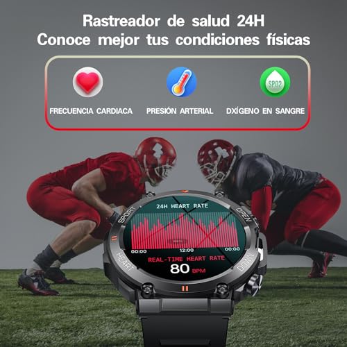 Reloj Inteligente, Smartwatch Militar táctico con Llamada Bluetooth, Pantalla Táctil Impermeable, Deportes, Monitor de frecuencia cardíaca, presión Arterial, sueño para iPhone Android