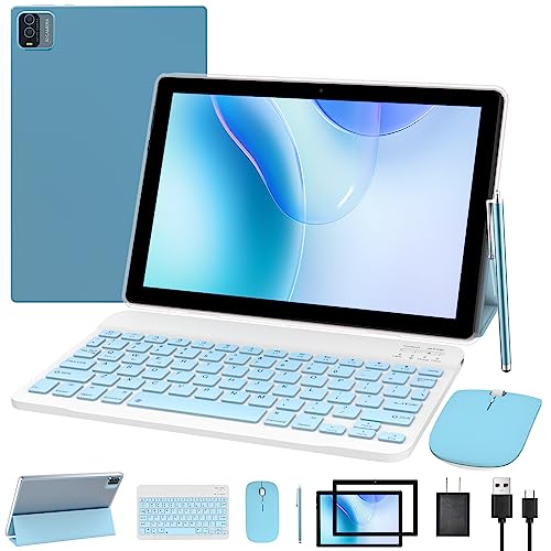 tablet con teclado 2 en 1, tablet Android, tabletas de 10 pulgadas, incluye funda para mouse con lápiz capacitivo, película templada, 5G, Wifi6, 128 GB ROM+6 GB RAM 10 IN IPS 8 MP cámara 6000 mAh, batería 10.1 pulgadas FHD Android 11 Tab