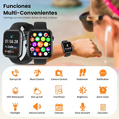 Smartwatch, 1,85" Reloj Inteligente con Llamadas Bluetooth IP67 Impermeable Reloj Deportivo Pulsómetro Monitor de Oxígeno Sueño, Podómetro, Pulsera Actividad para Android iOS (2 Correas) - Negro