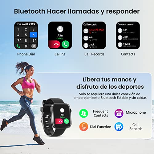 Smartwatch, 1,85" Reloj Inteligente con Llamadas Bluetooth IP67 Impermeable Reloj Deportivo Pulsómetro Monitor de Oxígeno Sueño, Podómetro, Pulsera Actividad para Android iOS (2 Correas) - Negro