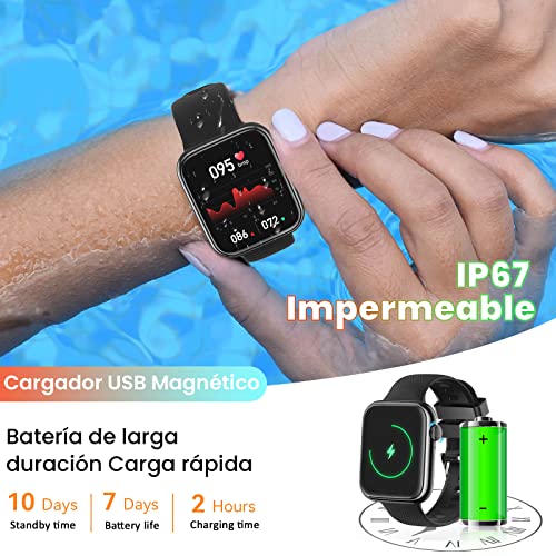 Smartwatch, 1,85" Reloj Inteligente con Llamadas Bluetooth IP67 Impermeable Reloj Deportivo Pulsómetro Monitor de Oxígeno Sueño, Podómetro, Pulsera Actividad para Android iOS (2 Correas) - Negro