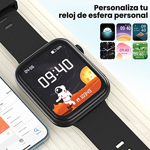 Smartwatch, 1,85" Reloj Inteligente con Llamadas Bluetooth IP67 Impermeable Reloj Deportivo Pulsómetro Monitor de Oxígeno Sueño, Podómetro, Pulsera Actividad para Android iOS (2 Correas) - Negro