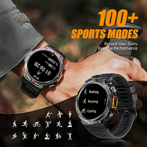 Reloj militar inteligente para Hombres,Llamada, Linterna 1.45” HD Resistente 100+ Modos Deporte IP68 Impermeable.