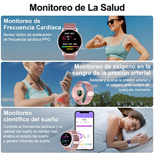 Smartwatch Mujer, Reloj Inteligente Impermeable IPX67, Monitor De Frecuencia Cardíaca/Oxígeno en Sangre/Presión Arterial, Múltiples Modos Deportivos, Monitor De Calorías.