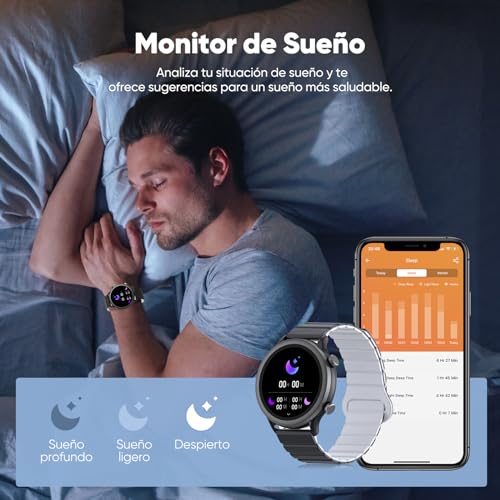 Smartwatch para Mujer/Hombre FreshFun  con Llamada Bluetooth, Reloj Inteligente IP67 con Pantalla 1.39in, Pulsera Deportiva con Monitoreo de Ritmo Cardíaco, Presión Arterial, Sueño, Negro