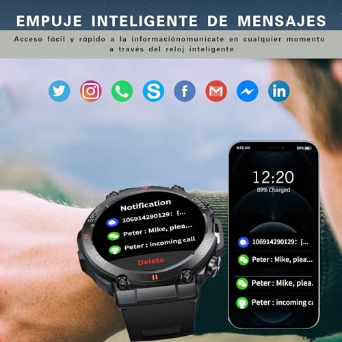 Reloj Inteligente, Smartwatch Militar táctico con Llamada Bluetooth, Pantalla Táctil Impermeable, Deportes, Monitor de frecuencia cardíaca, presión Arterial, sueño para iPhone Android