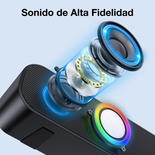 1 Hora Bocina Bluetooth, Barra de Sonido Soundbar para PC TV, RGB Altavoces Inalámbricos Bluetooth 5.1 con 2000mAh Batería, Soporte 3.5 mm AUX/TF/USB/Bluetooth para Interior, Hogar y Fiesta