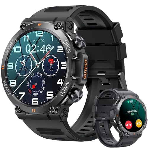 Reloj Inteligente, Smartwatch Militar táctico con Llamada Bluetooth, Pantalla Táctil Impermeable, Deportes, Monitor de frecuencia cardíaca, presión Arterial, sueño para iPhone Android