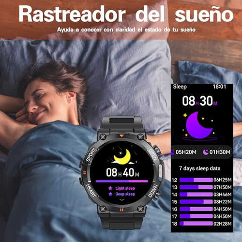 Reloj Inteligente, Smartwatch Militar táctico con Llamada Bluetooth, Pantalla Táctil Impermeable, Deportes, Monitor de frecuencia cardíaca, presión Arterial, sueño para iPhone Android