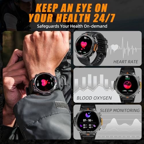 Reloj militar inteligente para Hombres,Llamada, Linterna 1.45” HD Resistente 100+ Modos Deporte IP68 Impermeable.