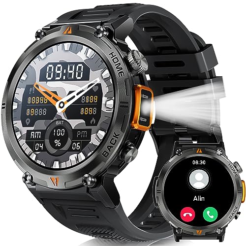 Reloj militar inteligente para Hombres,Llamada, Linterna 1.45” HD Resistente 100+ Modos Deporte IP68 Impermeable.