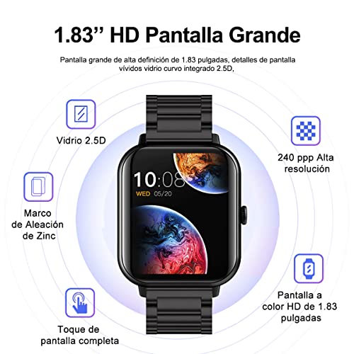 Smartwatch 1.83" Pantalla Grande, Reloj Inteligente Llamada Bluetooth, Impermeable IPX67, Monitor De Frecuencia Cardíaca/Oxígeno en Sangre/Presión Arterial, Micrófono Incorporado (Negro)