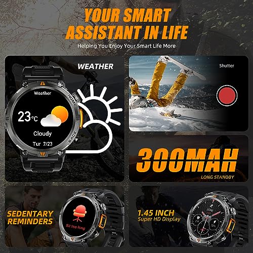 Reloj militar inteligente para Hombres,Llamada, Linterna 1.45” HD Resistente 100+ Modos Deporte IP68 Impermeable.