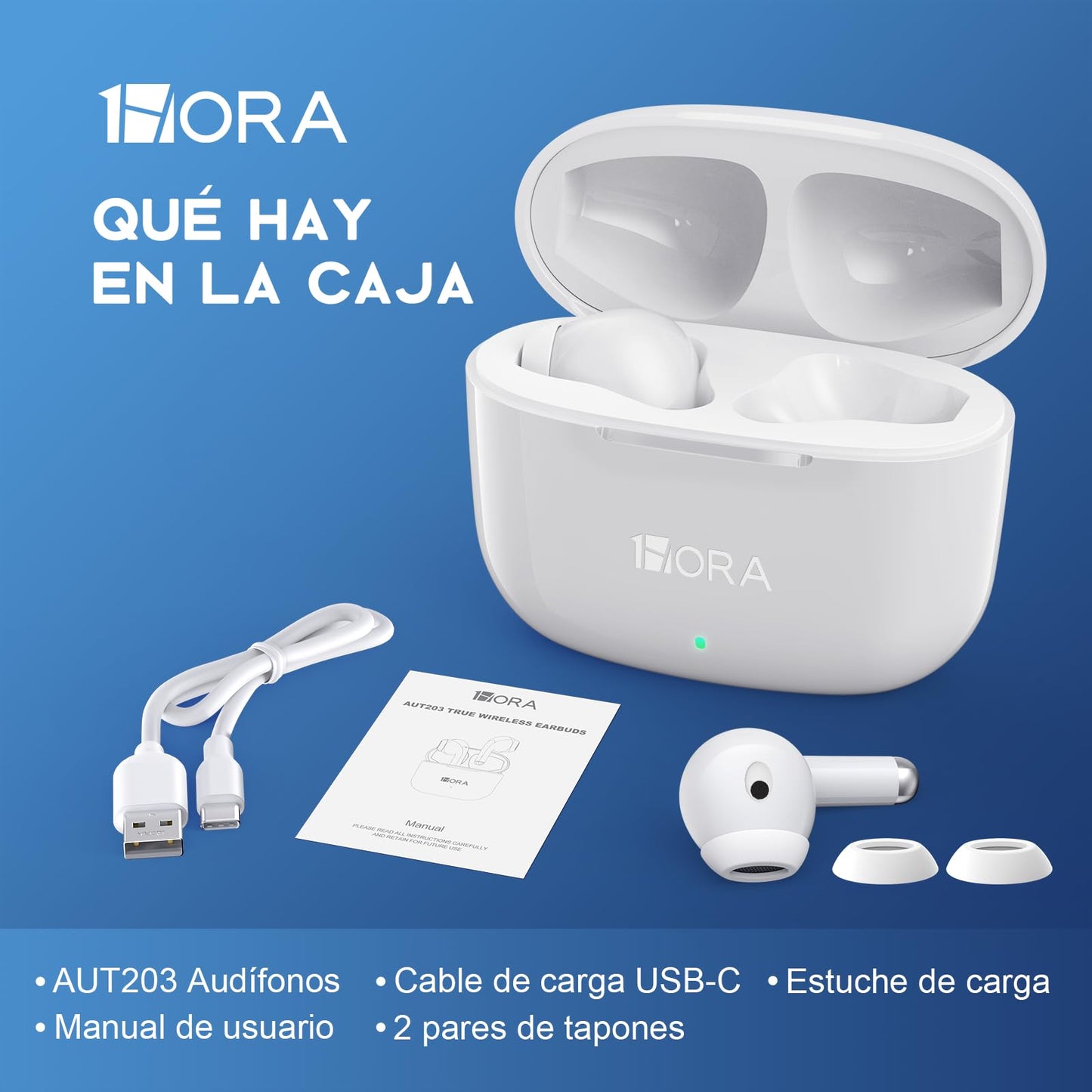 Audifonos Inalambricos 1Hora Bluetooth 5.3, In-Ear. Micrófono incorporado. Compatible con iOS y Android. Color: Blanco.