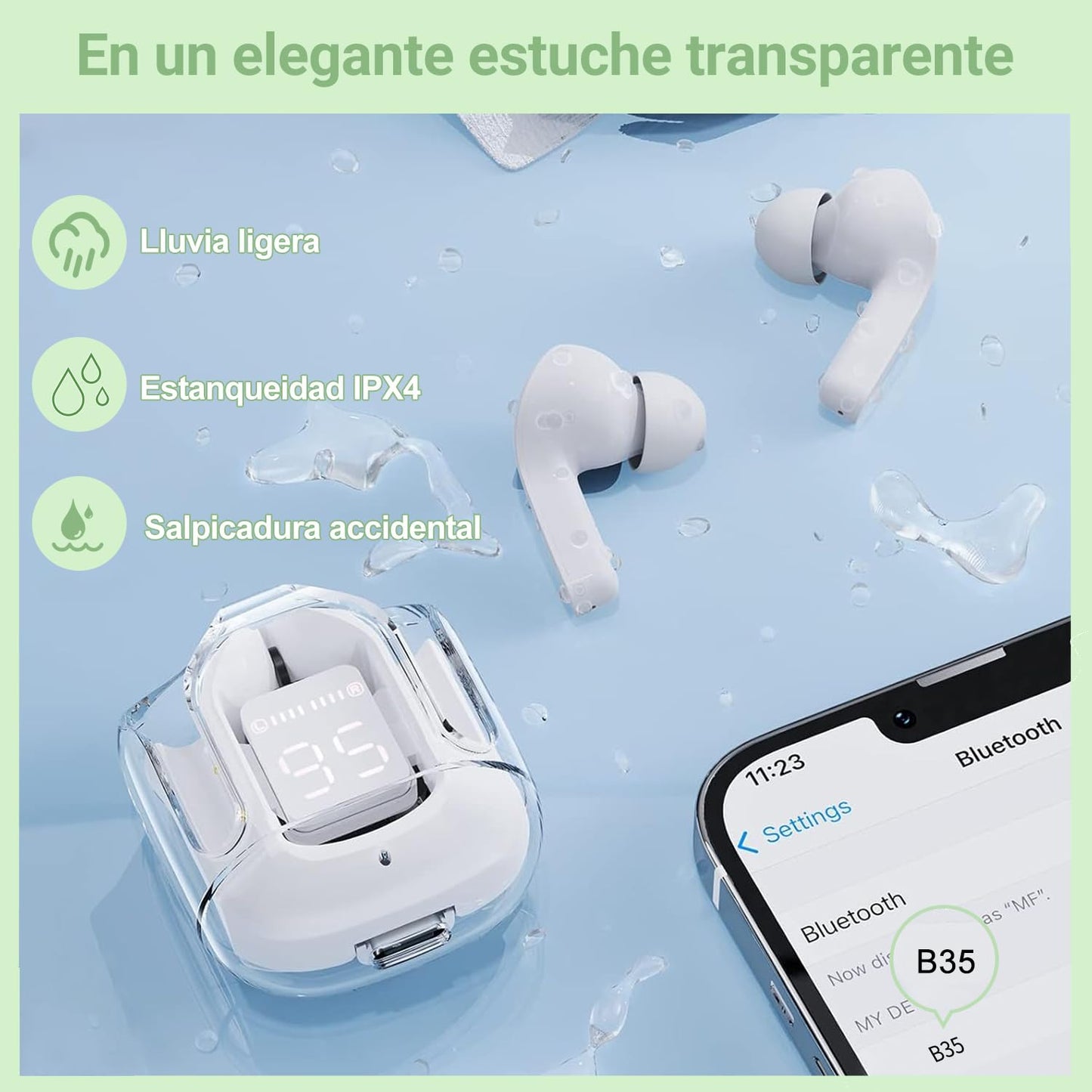 Auriculares Bluetooth inalámbricos, resistente al agua y a las salpicaduras IPX4, con estuche de carga y LED digital (Blanco)