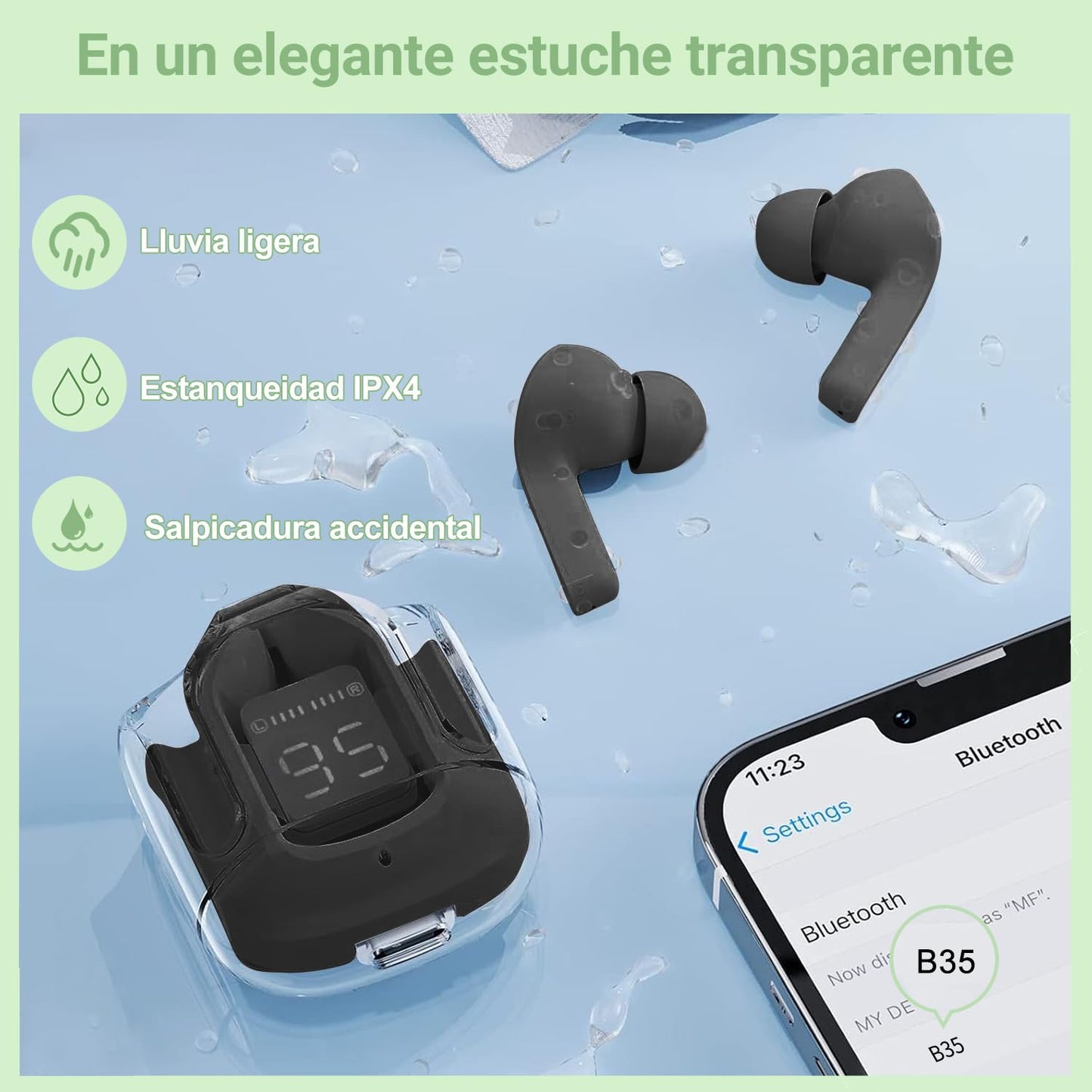 Auriculares Bluetooth inalámbricos, resistente al agua y a las salpicaduras IPX4, con estuche de carga y LED digital