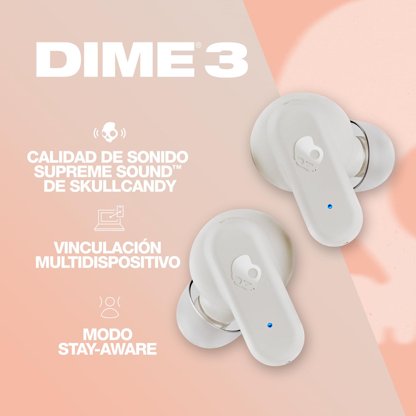 Auriculares Inalámbricos Bluetooth Skullcandy Dime 3, 20 h de Autonomía, Micrófono. Color: Blanco.