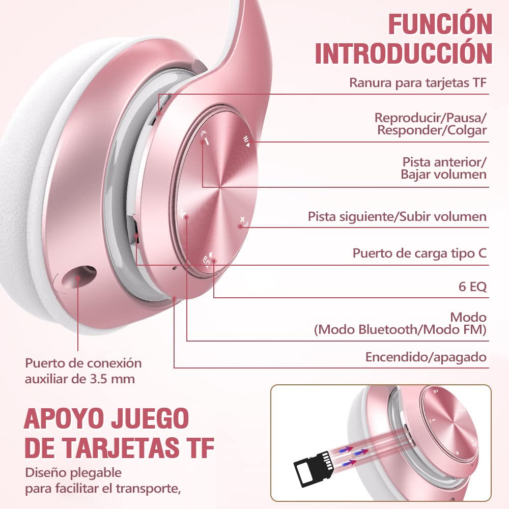 Auriculares inalámbricos TOOOGO de Diadema. Micrófono HD Incorporado. 60 Horas de uso inalámbrico. Plegables. Color Oro Rosa.