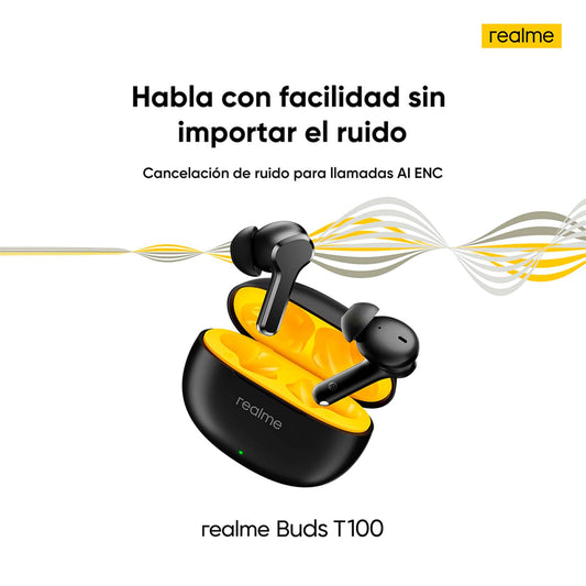 Audífonos bluetooth Realme TechLife Buds T100 ,Resistencia al agua IPX5,Bluetooth 5.3, Hasta 28 horas de reproducción total, color negro