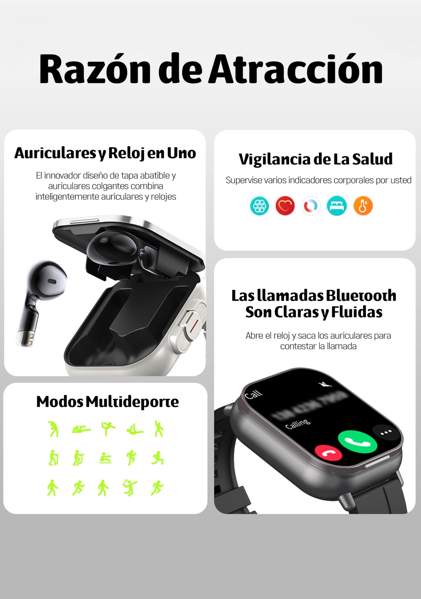 Smartwatch 2 EN 1  Reloj Inteligente con Auriculares, Reloj Inteligente Smartwatch, Monitor Pulser, Pantalla Táctil Completa Impermeable IP68, con Pulsómetro, Sueño, GPS (Correa de metal).