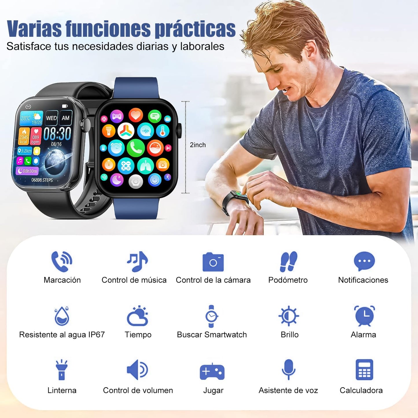 Smartwatch RUBOQE para Hombre con Llamadas Bluetooth - Reloj Deportivo, Monitor de Calorías, Pulsómetro, Sueño, IP67, (Correas Negra y Azul)