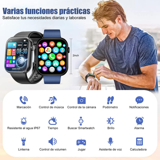 Smartwatch RUBOQE para Hombre con Llamadas Bluetooth - Reloj Deportivo, Monitor de Calorías, Pulsómetro, Sueño, IP67, (Correas Negra y Azul)