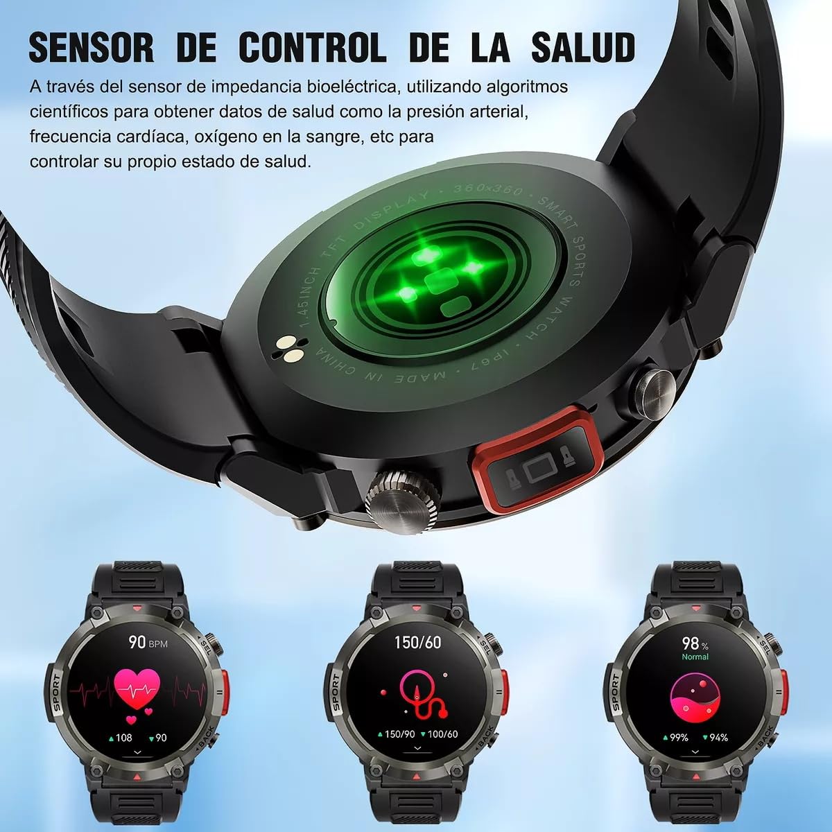 Reloj inteligente militar para hombres con linterna LED 1.45" resistente 3ATM impermeable Smartwatch con 100+ modos de deportes Fitness Tracker con monitor de ritmo cardíaco sueño para iOS Android