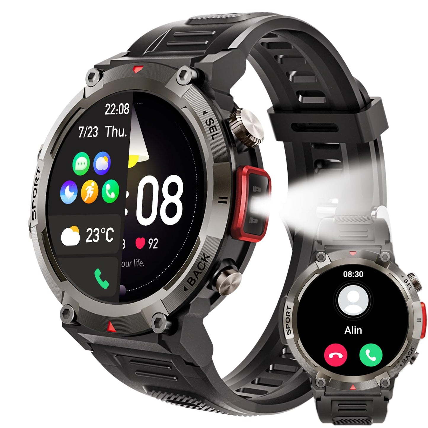 Reloj inteligente militar para hombres con linterna LED 1.45" resistente 3ATM impermeable Smartwatch con 100+ modos de deportes Fitness Tracker con monitor de ritmo cardíaco sueño para iOS Android