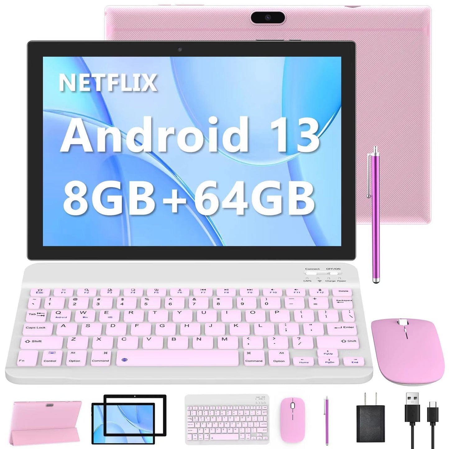 Tablet Android 13 con teclado, tablet 2 en 1 de 10.1 pulgadas, 8 GB de RAM+64 GB, cámara de 8 MP, 2.4 G/5G WiFi 6 BT 5.0 con funda