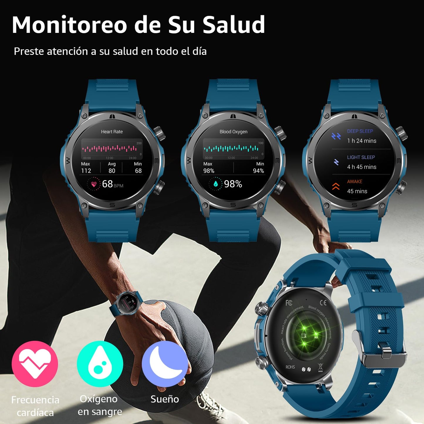 Smartwatch 1.43" FreshFun AMOLED con Llamada Bluetooth, Reloj Inteligente Hombre Impermeable IP67, Monitor de Frecuencia Cardíaca/Oxígeno en Sangre/Sueño, 100+ Modos Deportivos para Android/iOS