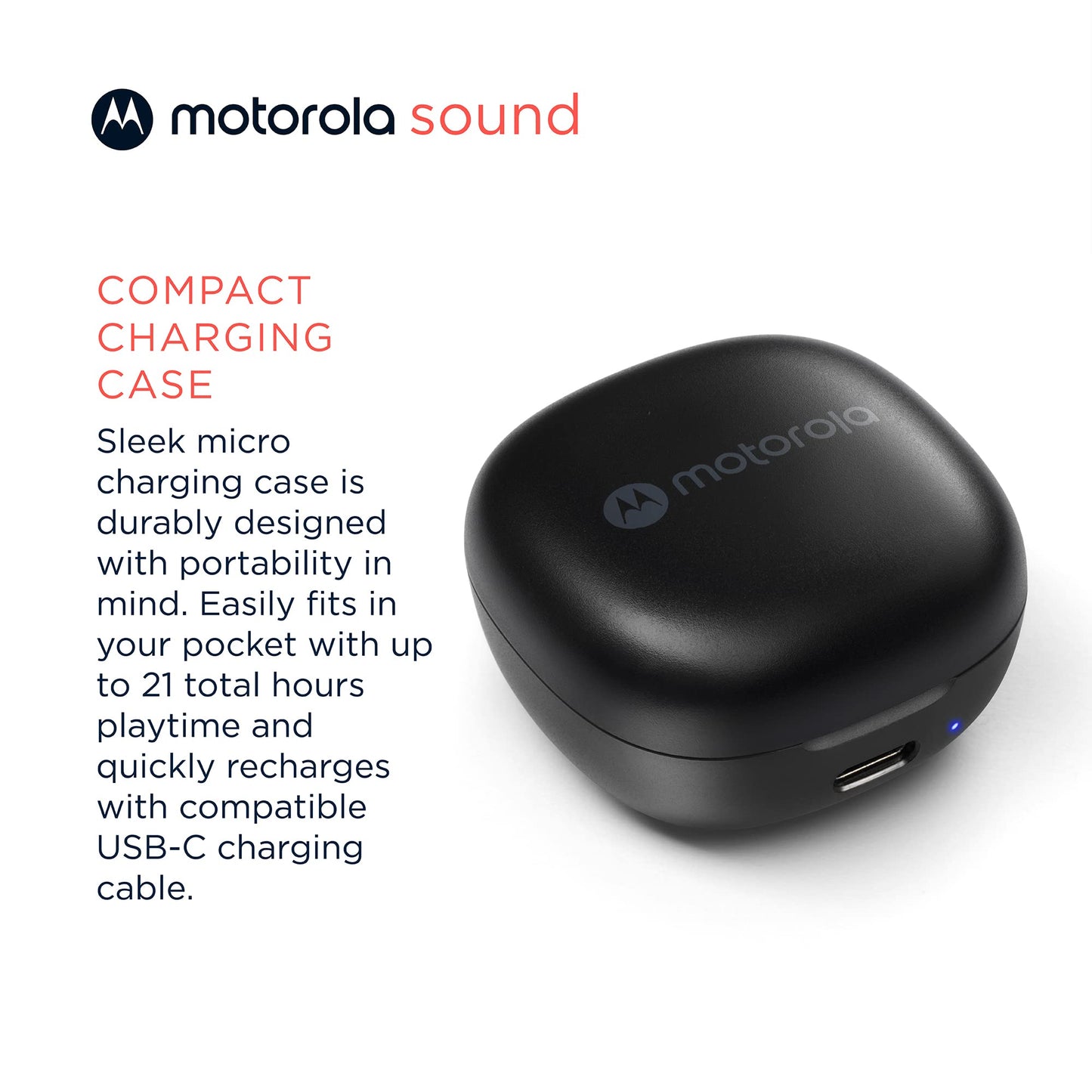 Audífonos Bluetooth Motorola Sound Moto Buds 105    control táctil y funda de microcarga, IPX5, resistente al agua, ligero, ajuste cómodo, sonido claro, color negro