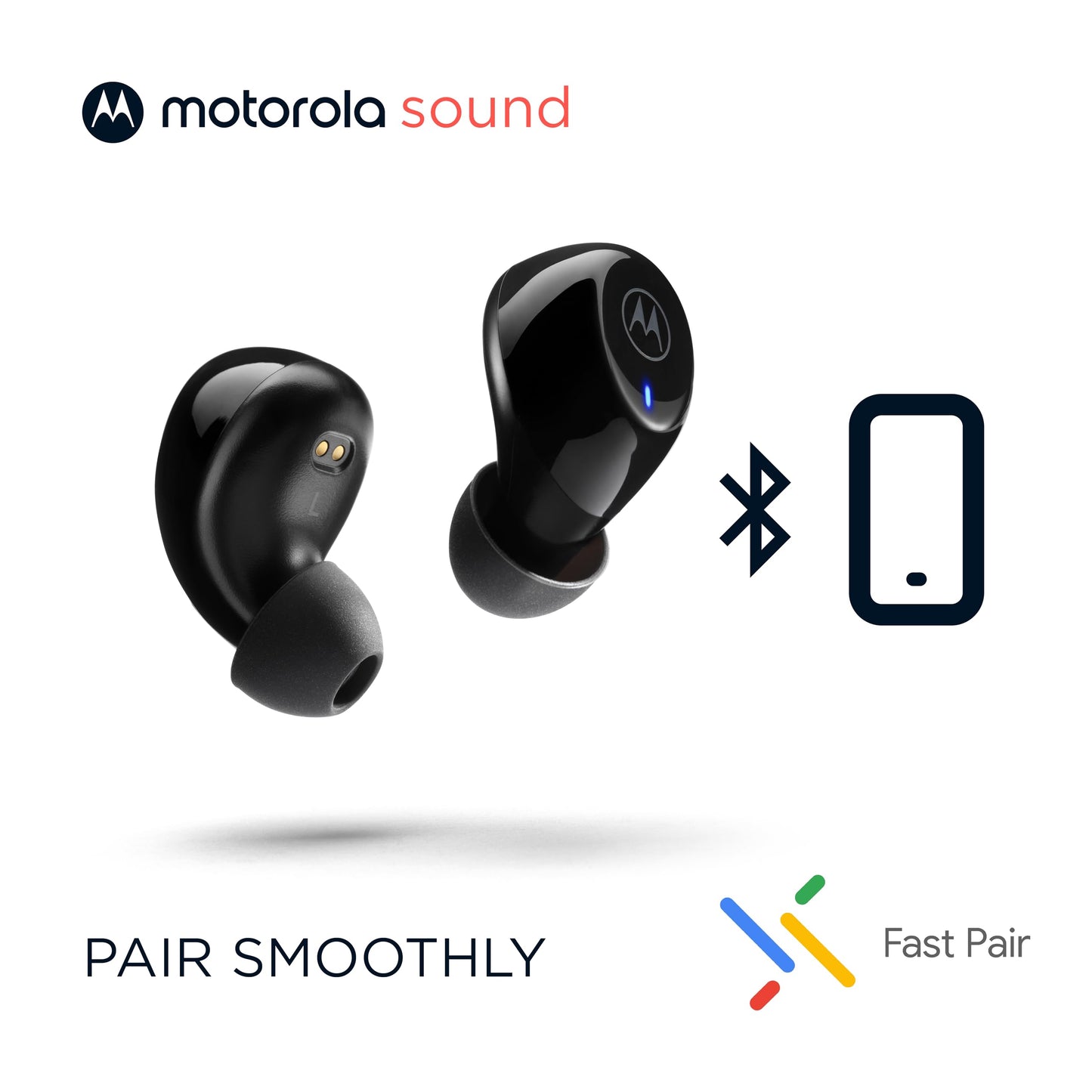 Audífonos Bluetooth Motorola Sound Moto Buds 105    control táctil y funda de microcarga, IPX5, resistente al agua, ligero, ajuste cómodo, sonido claro, color negro