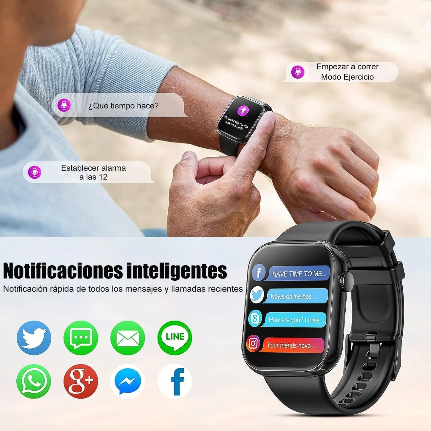 Smartwatch RUBOQE para Hombre con Llamadas Bluetooth - Reloj Deportivo, Monitor de Calorías, Pulsómetro, Sueño, IP67, (Correas Negra y Azul)