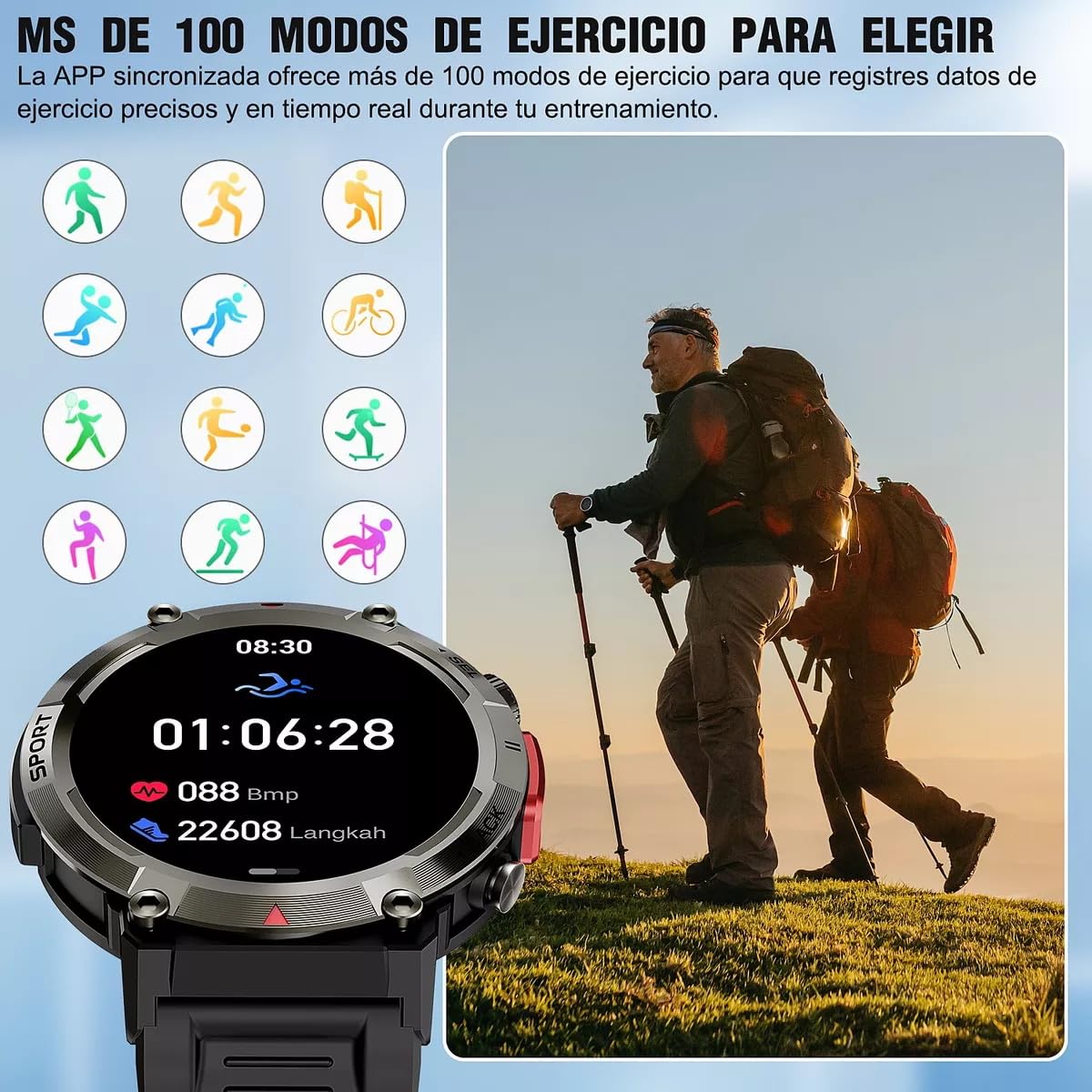 Reloj inteligente militar para hombres con linterna LED 1.45" resistente 3ATM impermeable Smartwatch con 100+ modos de deportes Fitness Tracker con monitor de ritmo cardíaco sueño para iOS Android