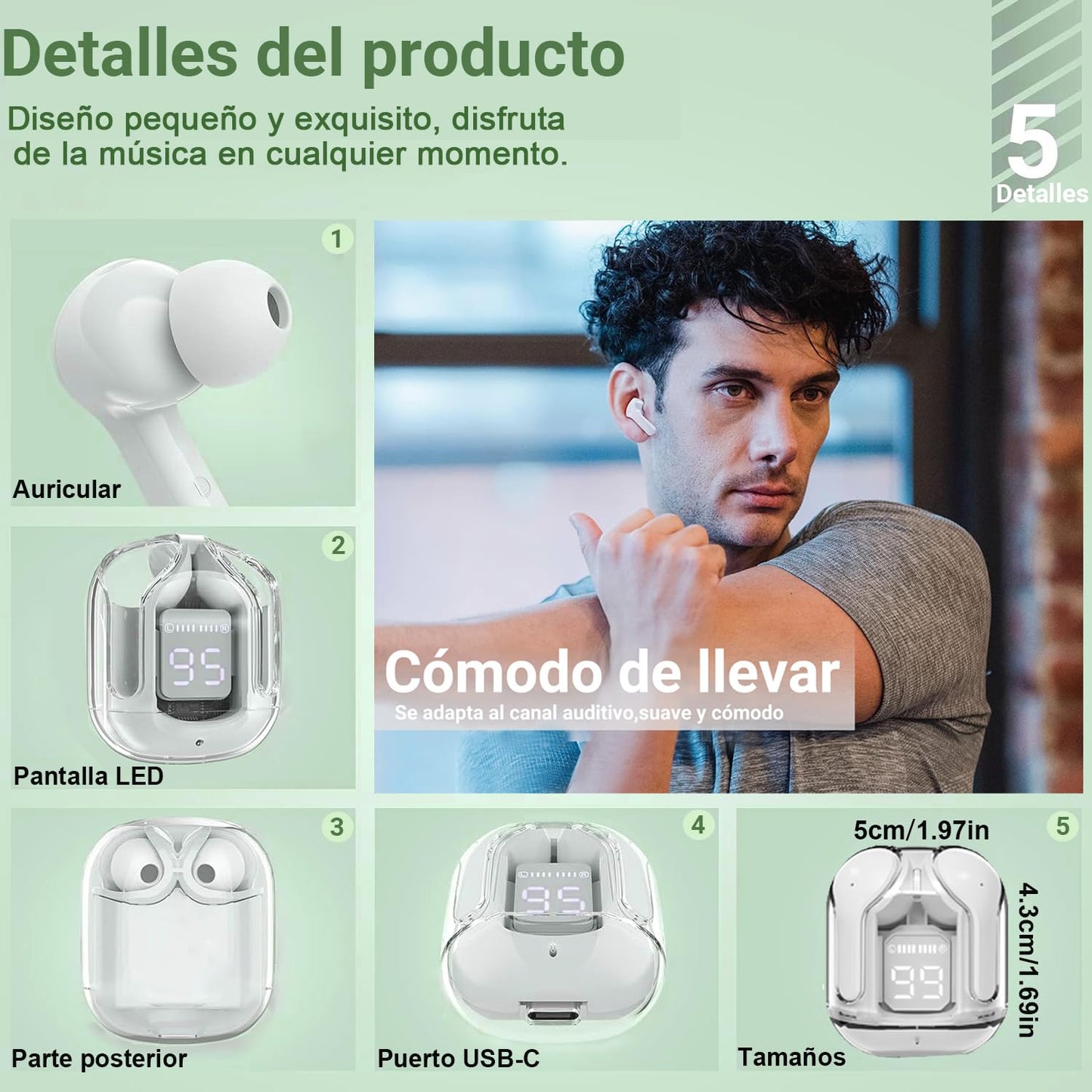 Auriculares Bluetooth inalámbricos, resistente al agua y a las salpicaduras IPX4, con estuche de carga y LED digital (Blanco)