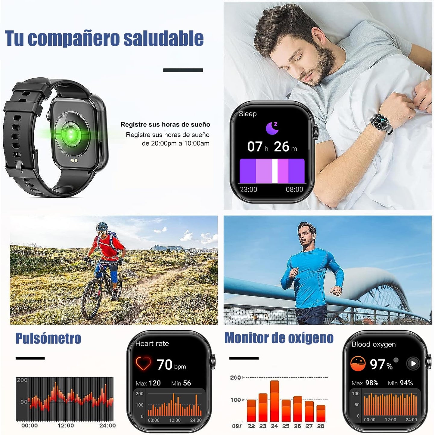 Smartwatch RUBOQE para Hombre con Llamadas Bluetooth - Reloj Deportivo, Monitor de Calorías, Pulsómetro, Sueño, IP67, (Correas Negra y Azul)