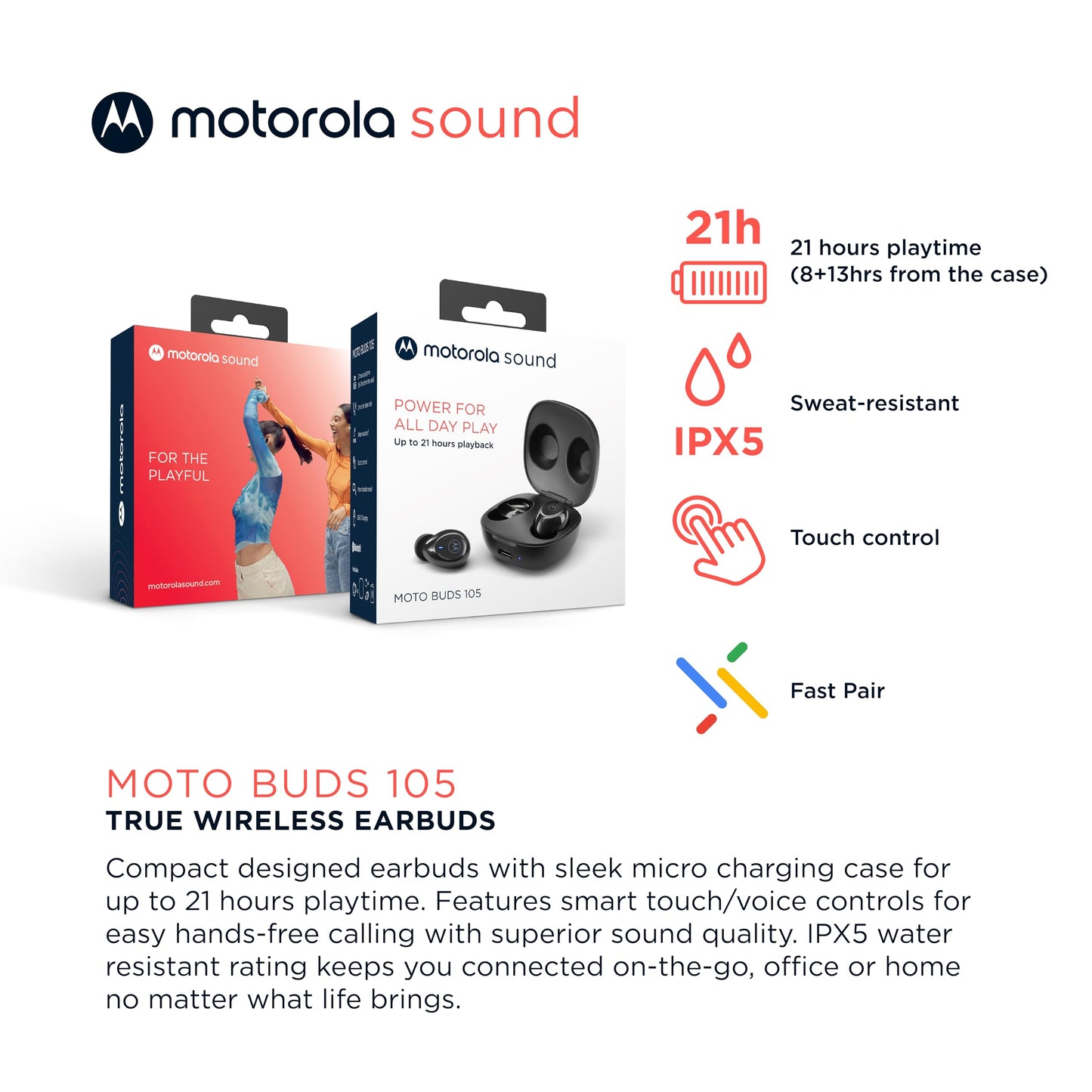 Audífonos Bluetooth Motorola Sound Moto Buds 105    control táctil y funda de microcarga, IPX5, resistente al agua, ligero, ajuste cómodo, sonido claro, color negro