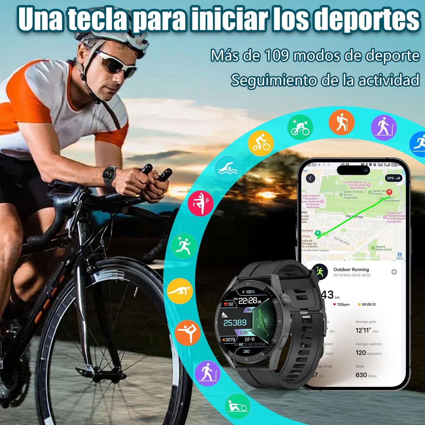 Smartwatch Deportivo 1.36” – Impermeable, Monitor de Salud, GPS y Múltiples Modos Deportivos