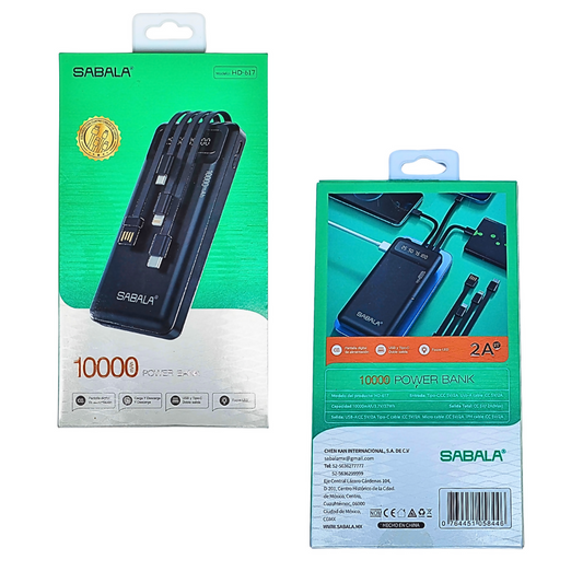 Batería portátil power bank 10000Mha Sabala con 4 salidas cable, con linterna. Negro