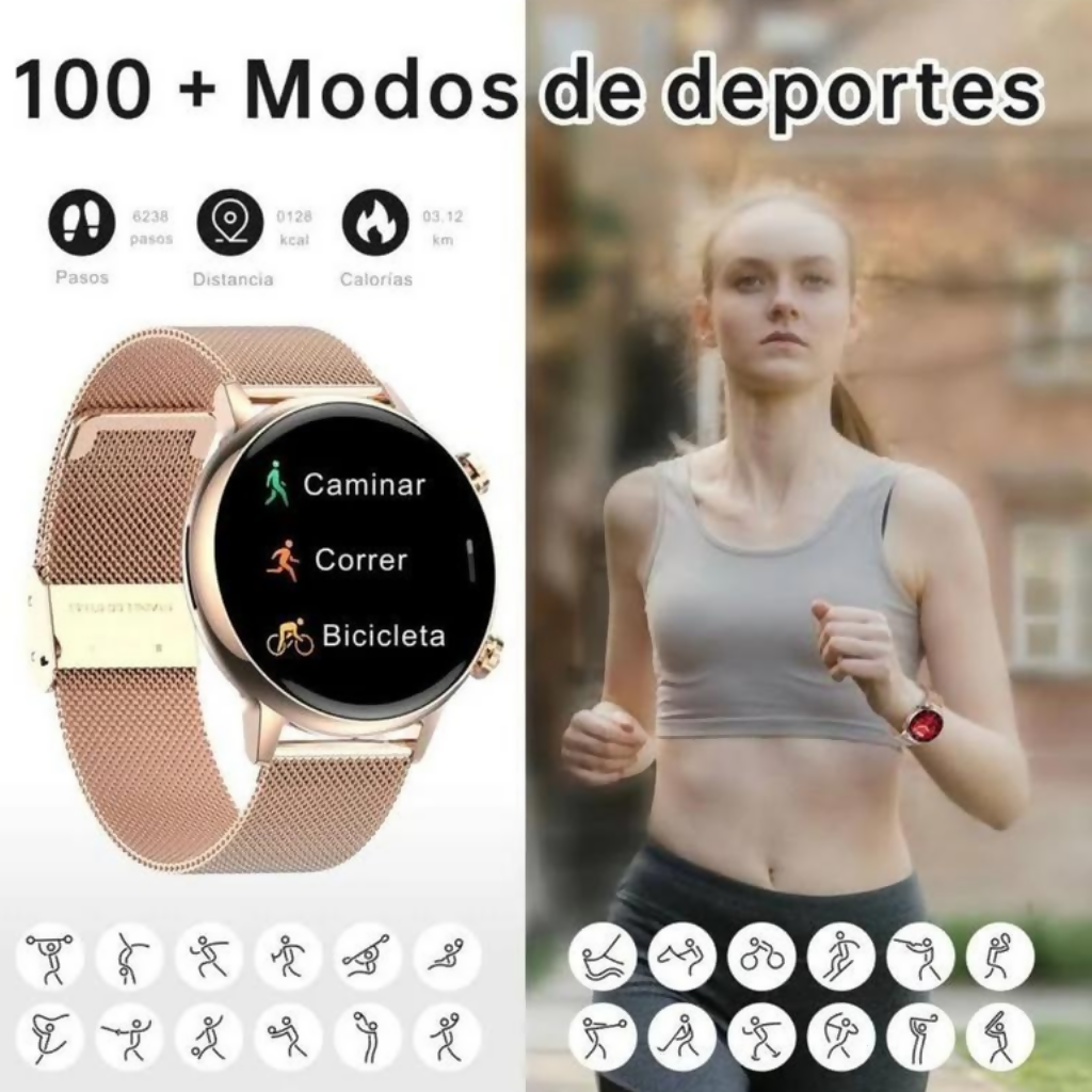 Smartwatch Dorado para Mujer, Romance G-Tide con Llamadas Bluetooth y Monitoreo de Salud